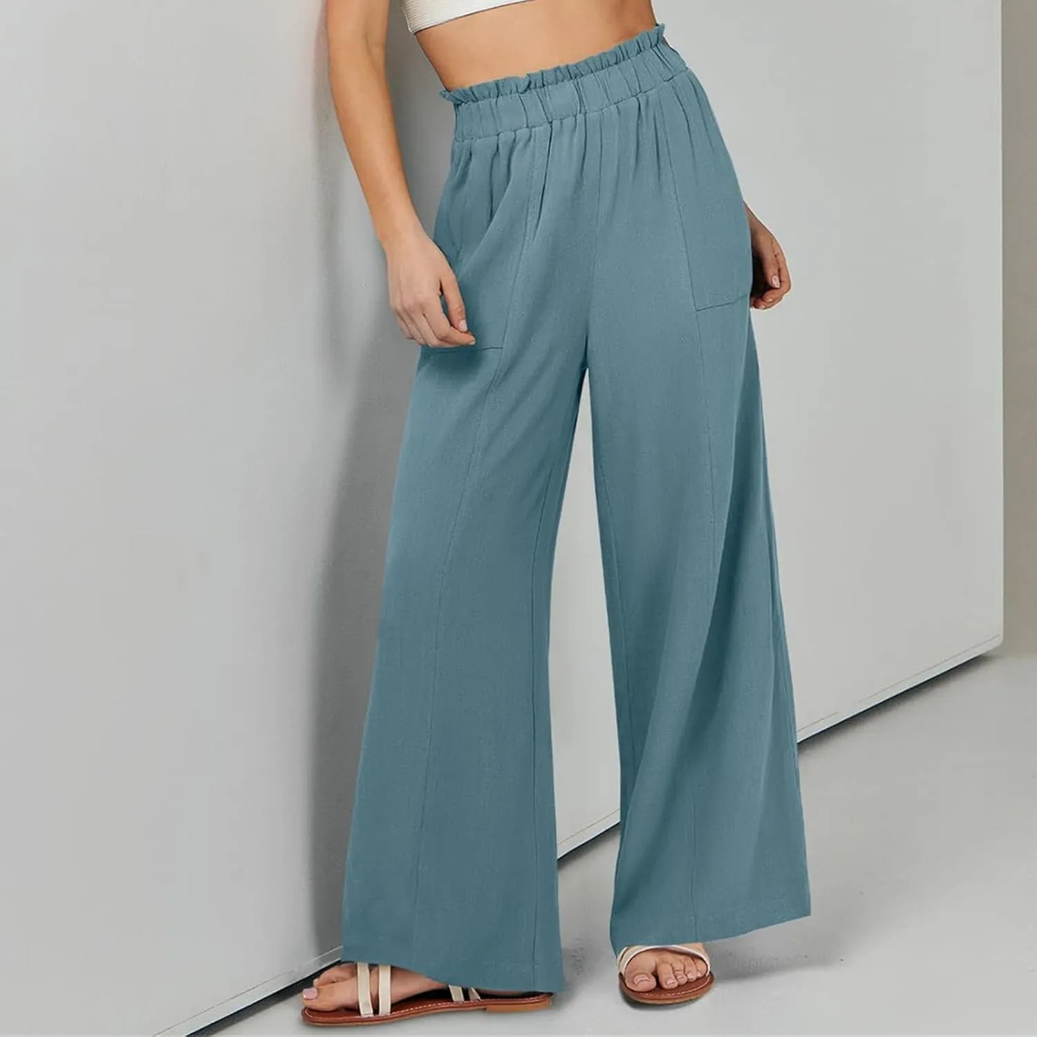 Women's Linen High Waisted Pants Palazzo Elastic Wide Leg Pant Flowy Beach Trousers for Summer Travel with Pockets