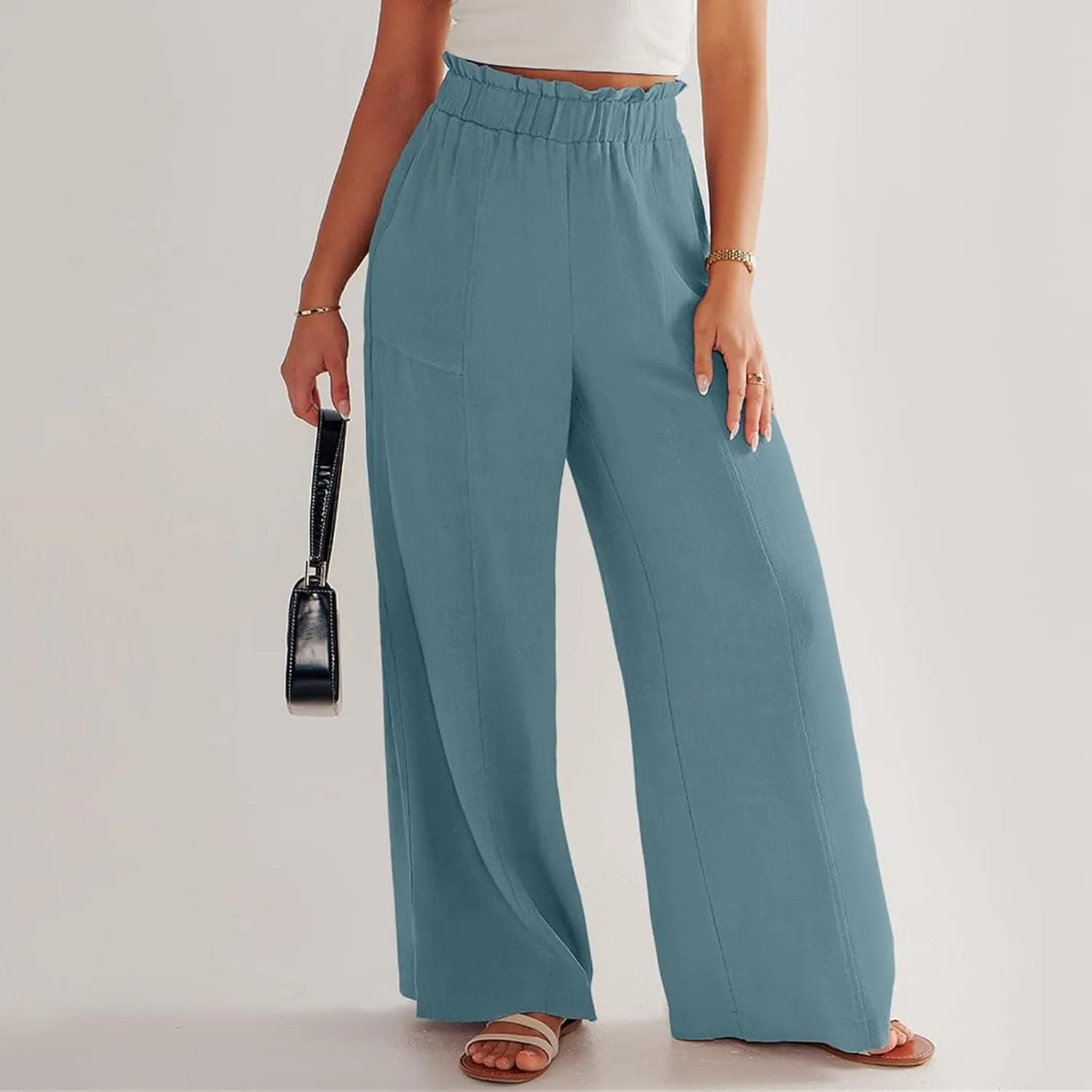 Women's Linen High Waisted Pants Palazzo Elastic Wide Leg Pant Flowy Beach Trousers for Summer Travel with Pockets
