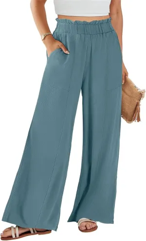 Women's Linen High Waisted Pants Palazzo Elastic Wide Leg Pant Flowy Beach Trousers for Summer Travel with Pockets