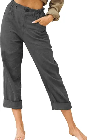Womens Linen Pants Elastic High Waist Capri Pants 2024 Casual Summer Pants Straight Leg Cropped Trousers with Pocket