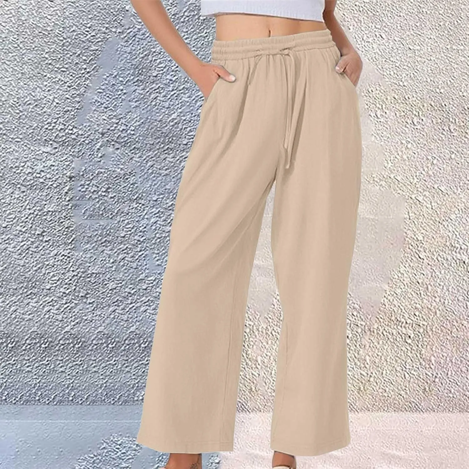 Womens Linen Pants Solid Casual High Waist Loose Fit Drawstring Trousers with Pockets Summer Beach Wear Fashion