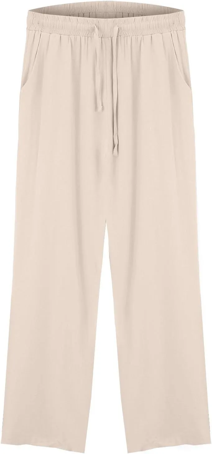 Womens Linen Pants Solid Casual High Waist Loose Fit Drawstring Trousers with Pockets Summer Beach Wear Fashion
