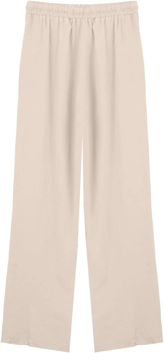 Womens Linen Pants Solid Casual High Waist Loose Fit Drawstring Trousers with Pockets Summer Beach Wear Fashion
