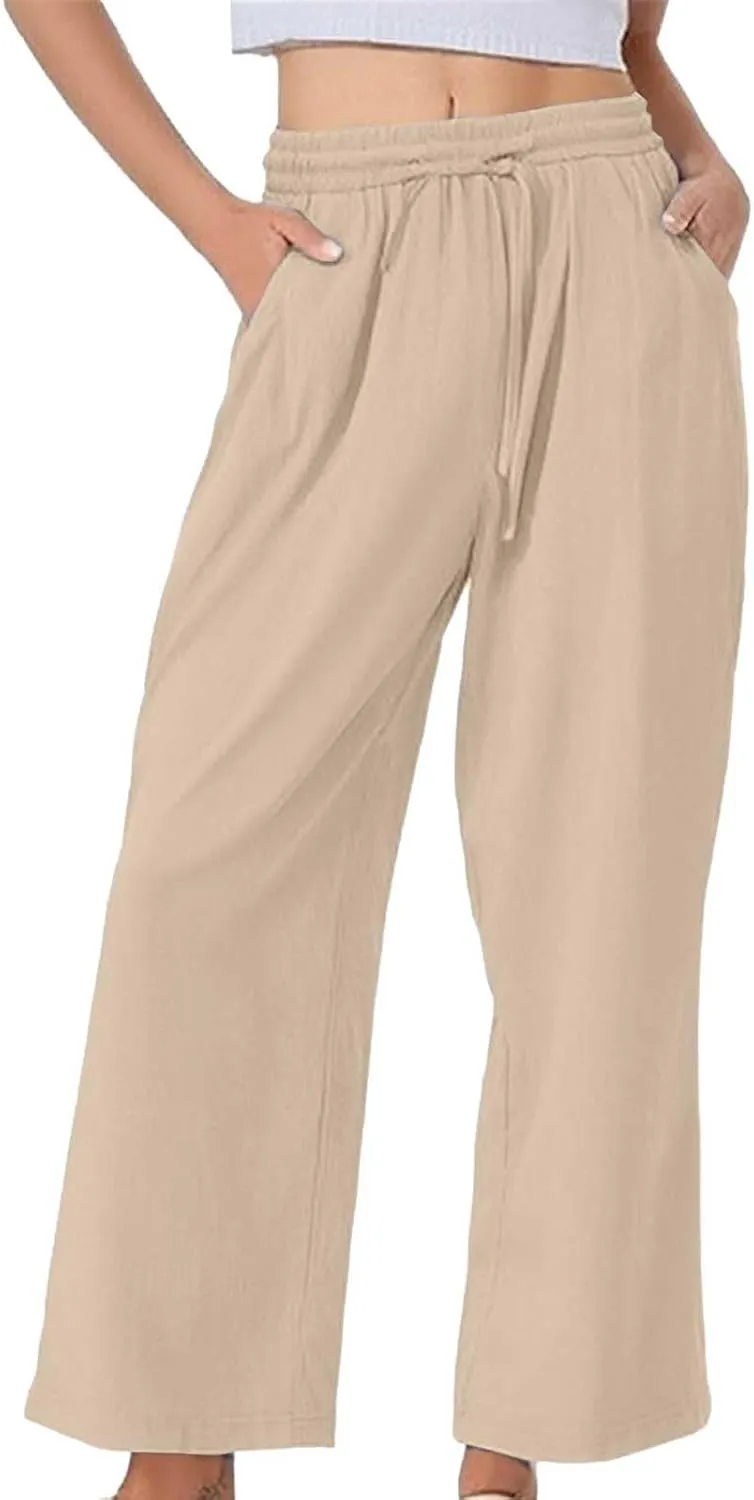 Womens Linen Pants Solid Casual High Waist Loose Fit Drawstring Trousers with Pockets Summer Beach Wear Fashion
