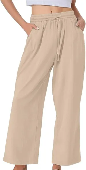 Womens Linen Pants Solid Casual High Waist Loose Fit Drawstring Trousers with Pockets Summer Beach Wear Fashion