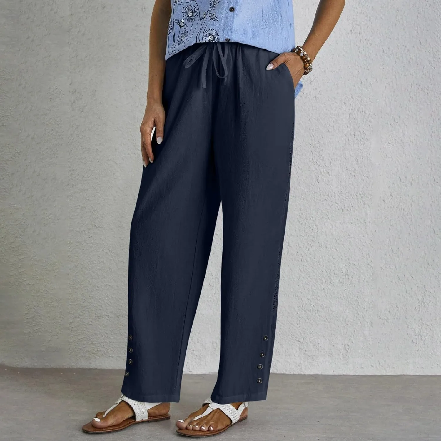 Women's Linen Pants with Pockets Drawstring Loose Fit Pants Trousers with Side Pockets Linen Blend Pants