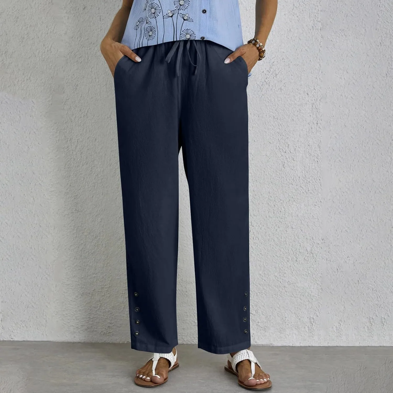 Women's Linen Pants with Pockets Drawstring Loose Fit Pants Trousers with Side Pockets Linen Blend Pants