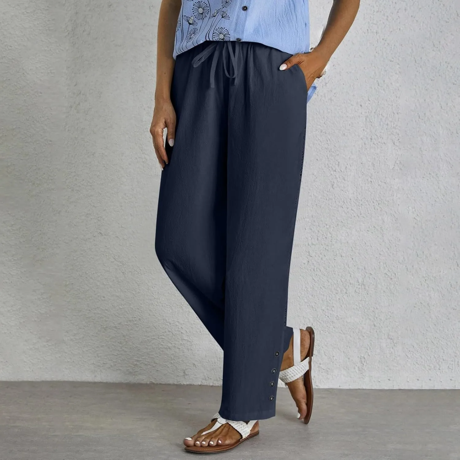 Women's Linen Pants with Pockets Drawstring Loose Fit Pants Trousers with Side Pockets Linen Blend Pants