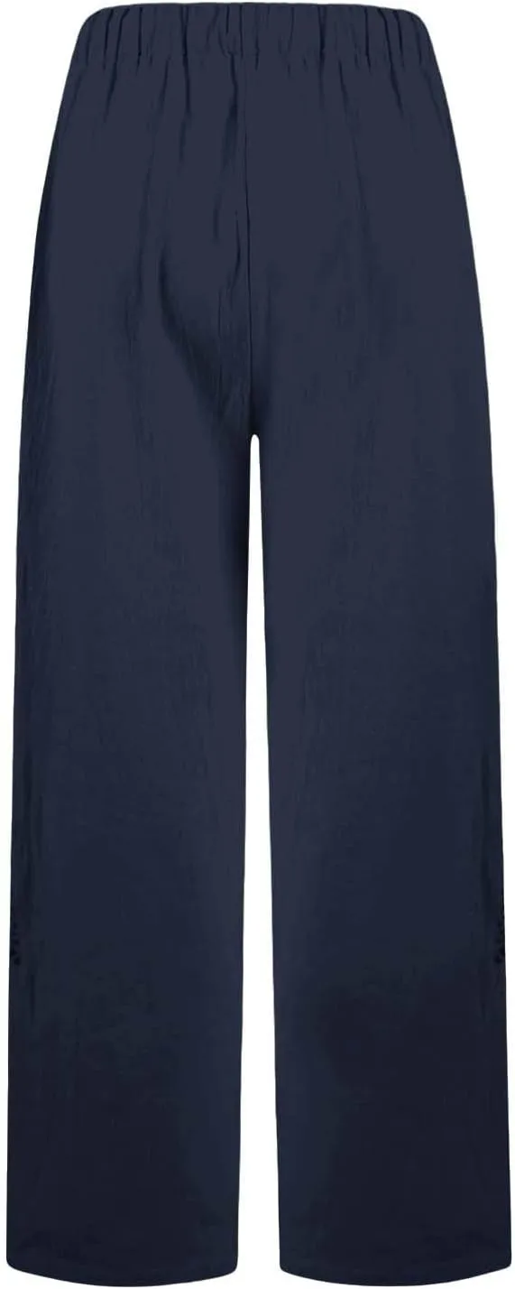 Women's Linen Pants with Pockets Drawstring Loose Fit Pants Trousers with Side Pockets Linen Blend Pants