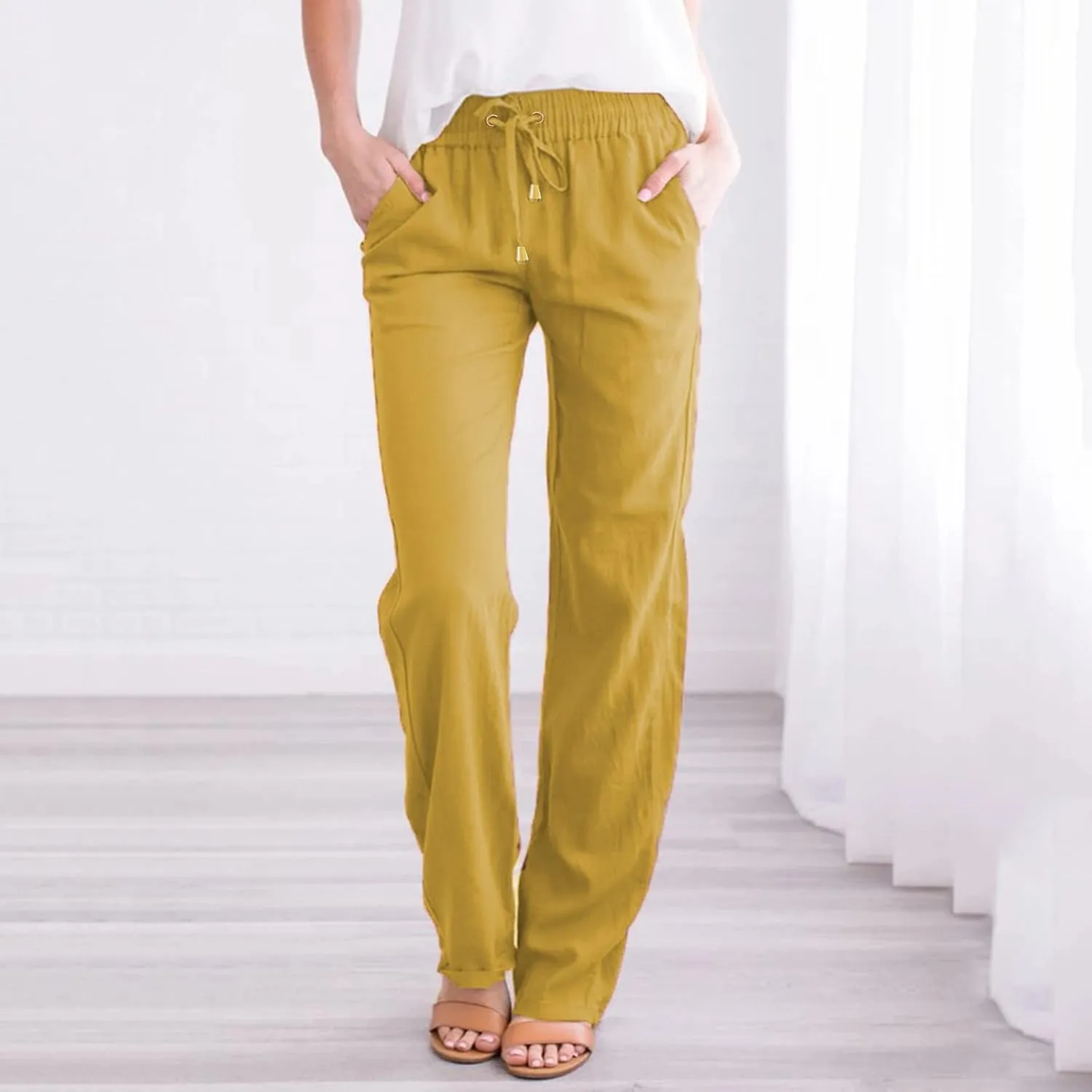 Womens Linen Striped Capris Summer Capri Pants 2025 Summer 2025 Wide Leg Loose Drawstring Elastic Waist Cropped Trouser