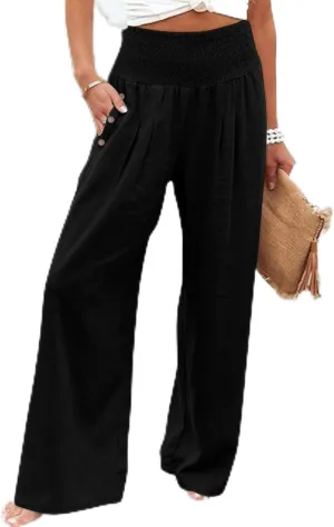 Womens Linen Wide Leg Palazzo Pants High Waisted Smocked Lounge Trousers with Pockets High Waist Linen Trousers Pant