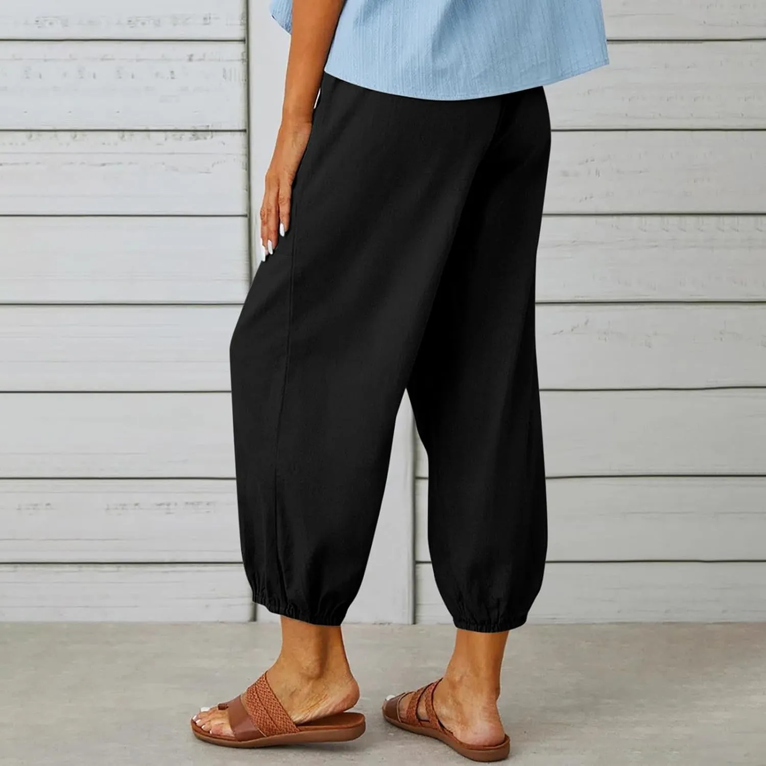 Womens Linen Wide Leg Pants 2025 Summer Trendy Loose Fit Palazzo Pants Elastic Waisted Button Slit Trousers