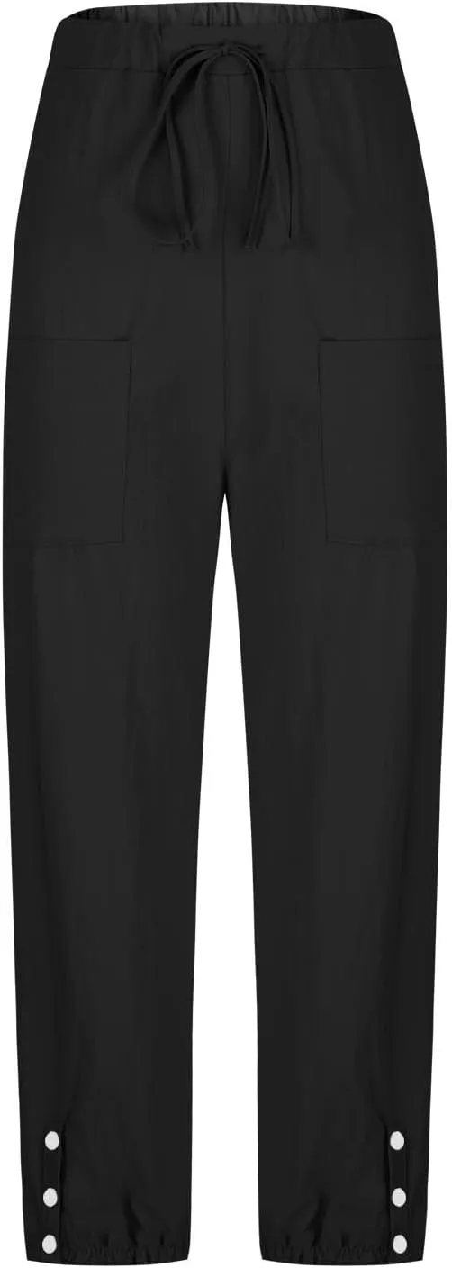 Womens Linen Wide Leg Pants 2025 Summer Trendy Loose Fit Palazzo Pants Elastic Waisted Button Slit Trousers