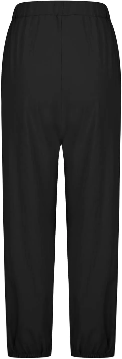Womens Linen Wide Leg Pants 2025 Summer Trendy Loose Fit Palazzo Pants Elastic Waisted Button Slit Trousers