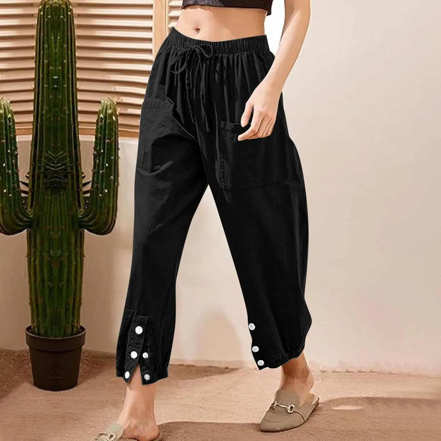 Womens Linen Wide Leg Pants 2025 Summer Trendy Loose Fit Palazzo Pants Elastic Waisted Button Slit Trousers