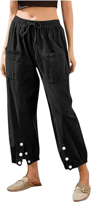 Womens Linen Wide Leg Pants 2025 Summer Trendy Loose Fit Palazzo Pants Elastic Waisted Button Slit Trousers