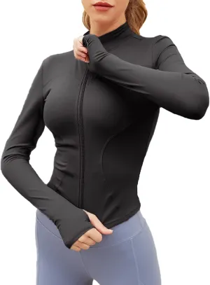 Women's Long Sleeve Running Jacket Slim Fit Sports Shirts Quick Dry Yoga Fitness Top Full Zip with Thumb Holes