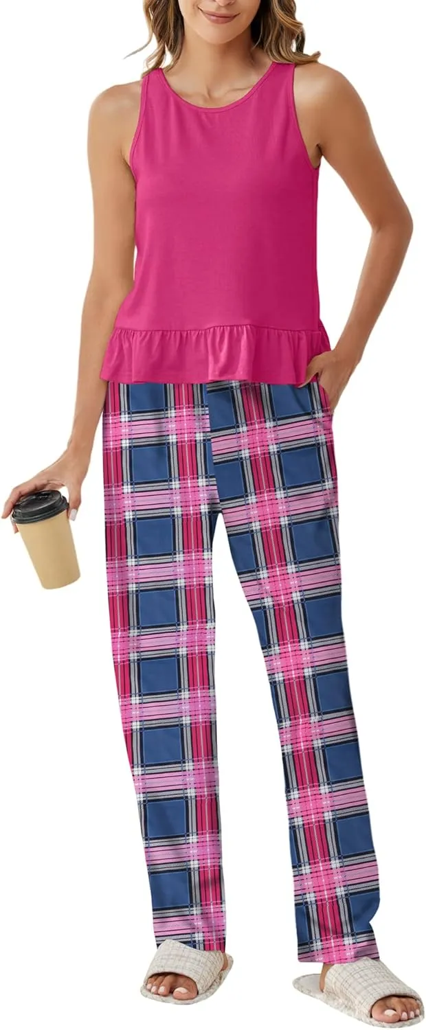 Womens Pajama Sets Short Sleeve Tank Top and Long Printed Pants with Pockets 2 Piece Lounge Sets