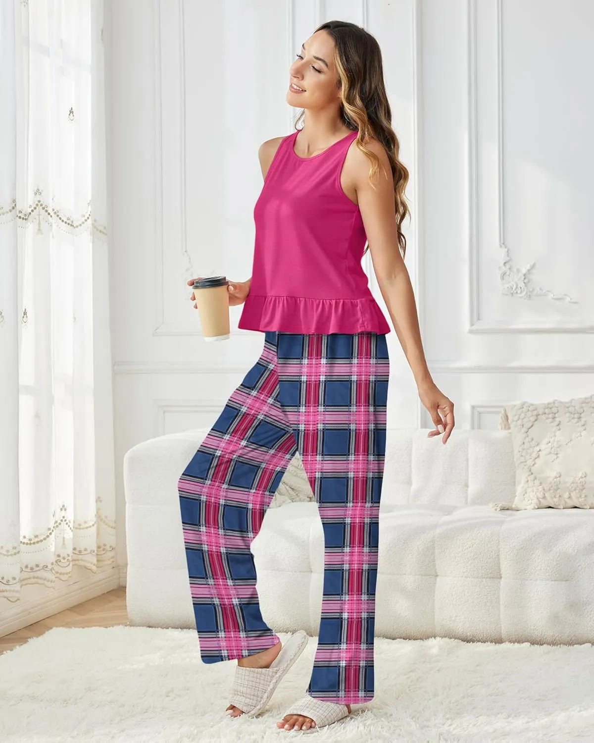 Womens Pajama Sets Short Sleeve Tank Top and Long Printed Pants with Pockets 2 Piece Lounge Sets