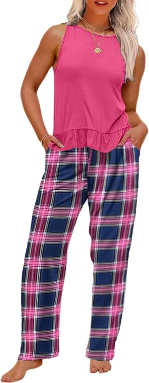Womens Pajama Sets Short Sleeve Tank Top and Long Printed Pants with Pockets 2 Piece Lounge Sets