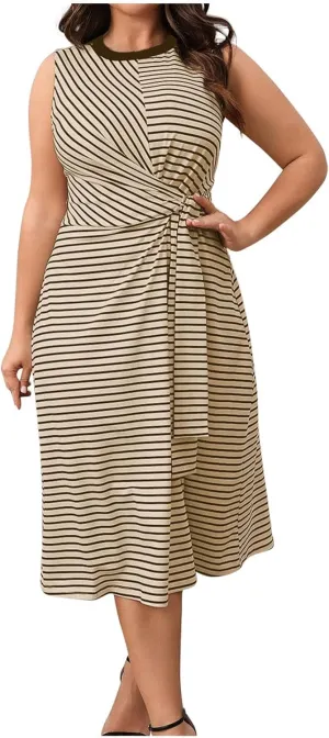 Women's Plus Size Striped Midi Dress, Summer Sleeveless Wrap Casual Dresses Elegant Slim Fit Prom Party Trendy Clothes