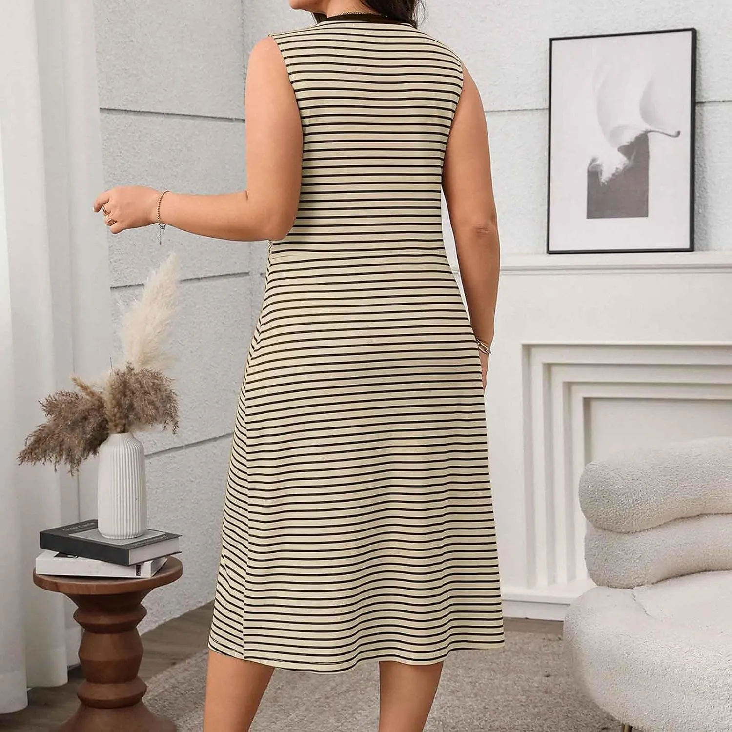 Women's Plus Size Striped Midi Dress, Summer Sleeveless Wrap Casual Dresses Elegant Slim Fit Prom Party Trendy Clothes