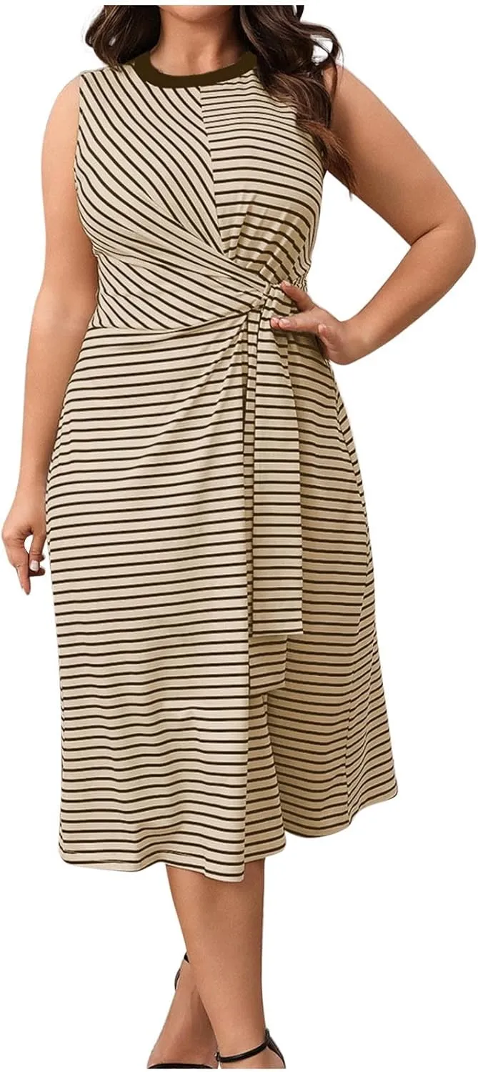 Women's Plus Size Striped Midi Dress, Summer Sleeveless Wrap Casual Dresses Elegant Slim Fit Prom Party Trendy Clothes