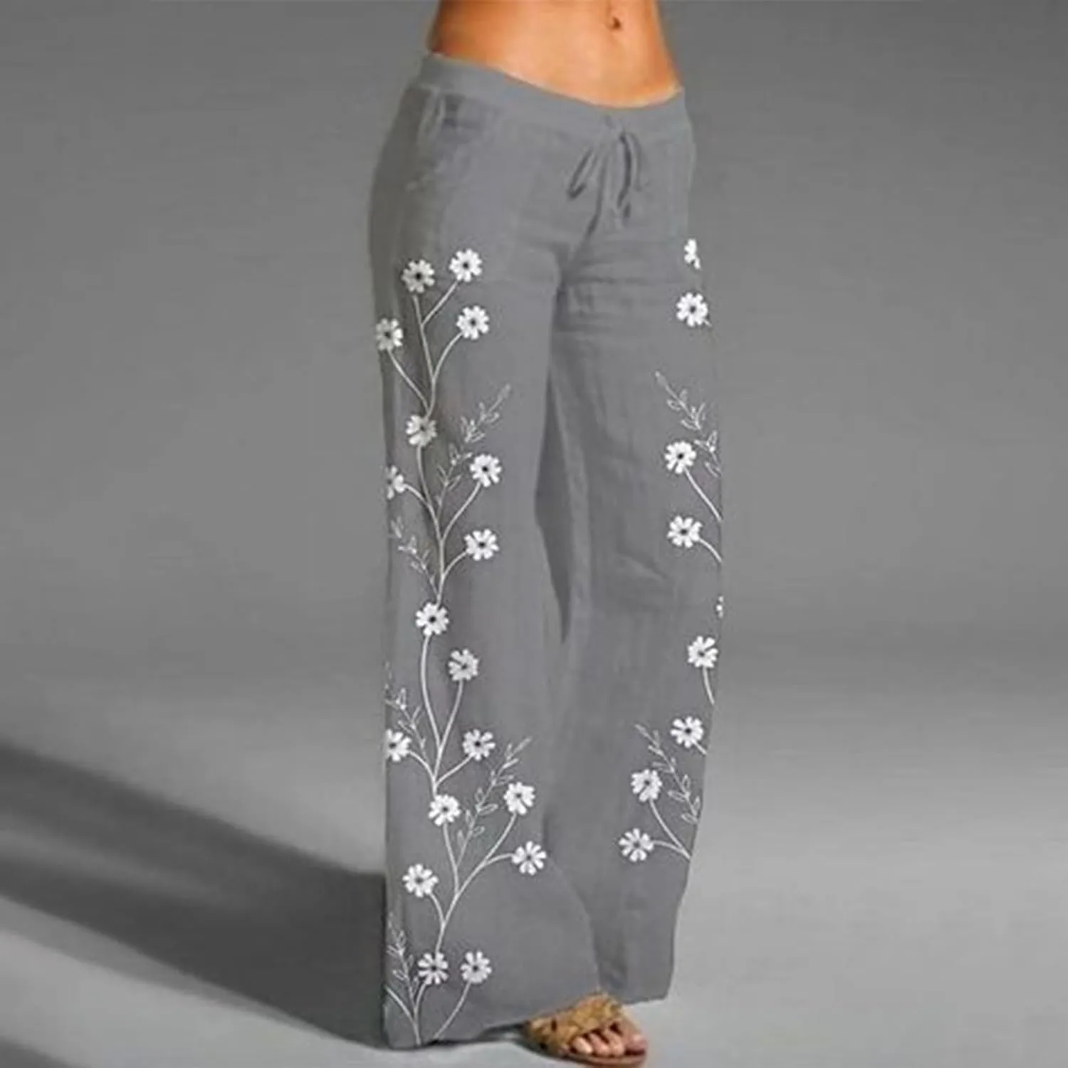 Women's Print Wide Leg Pants Elastic High Waist Palazzo Pants Linen Lounge Casual Trousers Summer Boho Beach