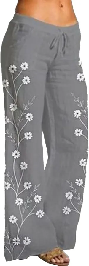Women's Print Wide Leg Pants Elastic High Waist Palazzo Pants Linen Lounge Casual Trousers Summer Boho Beach