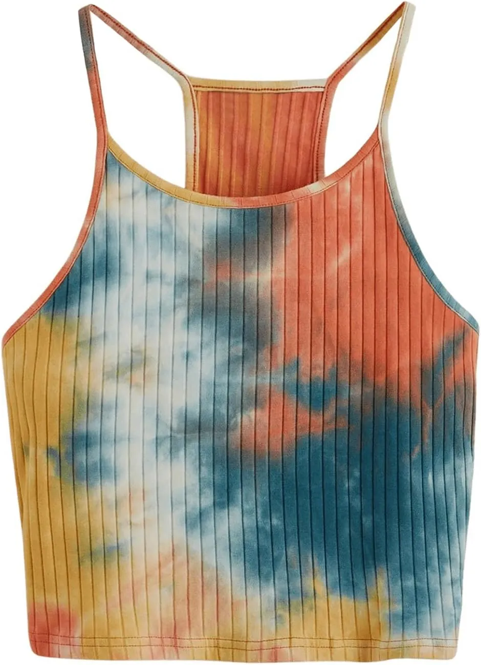 Women's Ribbed Knit Tie Dye Camisole Top Sleeveless Slim Fit Crop Tops Y2K Cami Streetwear Women Shirts