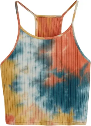 Women's Ribbed Knit Tie Dye Camisole Top Sleeveless Slim Fit Crop Tops Y2K Cami Streetwear Women Shirts