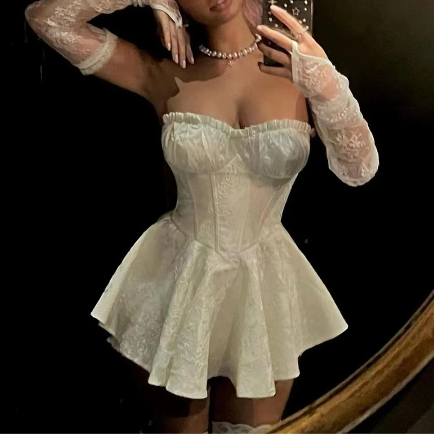 Women's Ruffle Hem Elegant Sexy Dress Lace A Line Tube Top Mini Dress Bodycon Sleeveless Cocktail Party Dresses