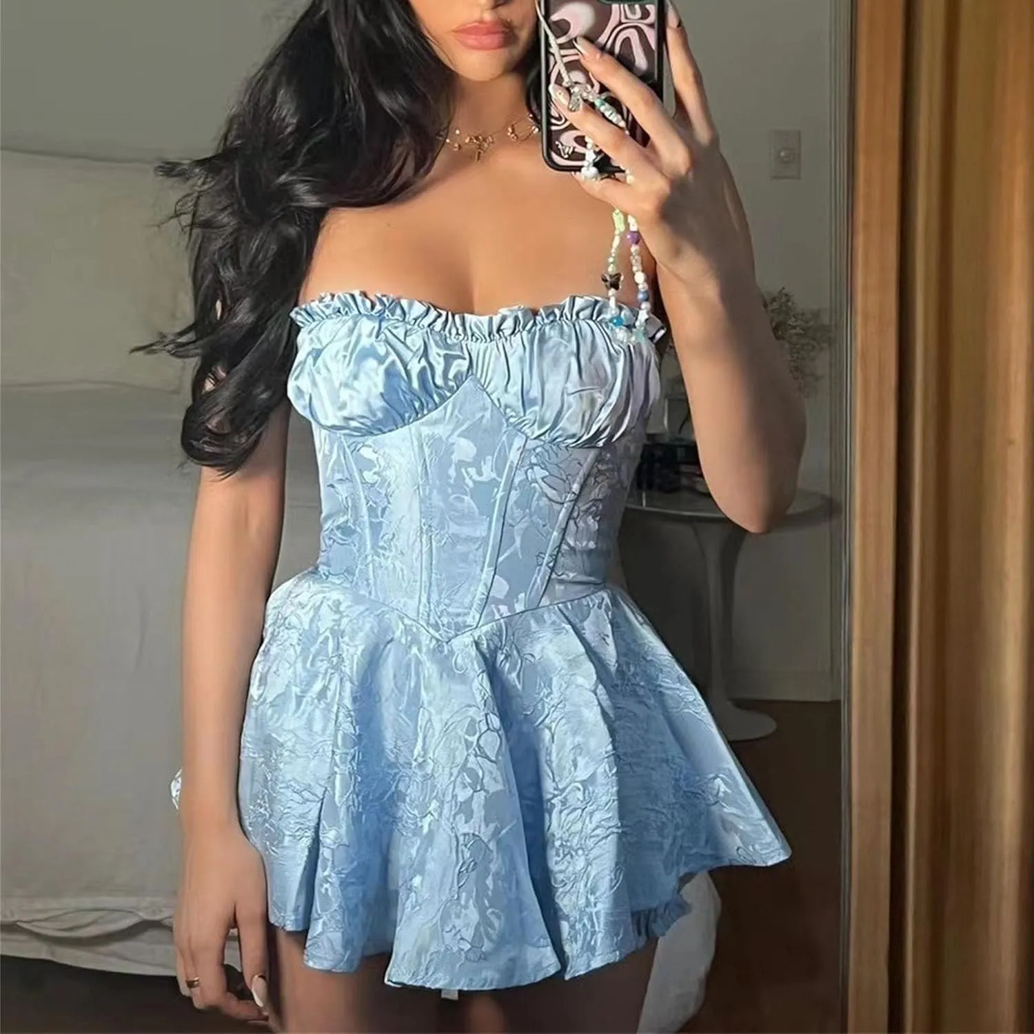 Women's Ruffle Hem Elegant Sexy Dress Lace A Line Tube Top Mini Dress Bodycon Sleeveless Cocktail Party Dresses
