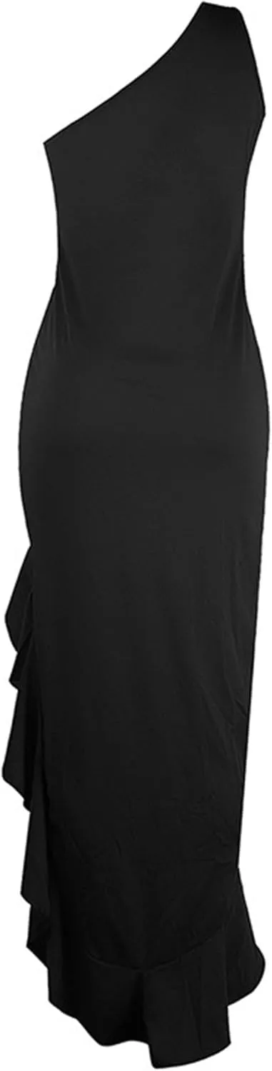 Women's Ruffle High Split Cocktail Party Dress Slim Fit Sleeveless Wedding Dress One Shoulder Sexy Prom Eveing Dresses