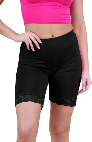Womens Scallop Lace Trim Plain Gym Bike Tights Viscose Cycling Shorts Hot Pants