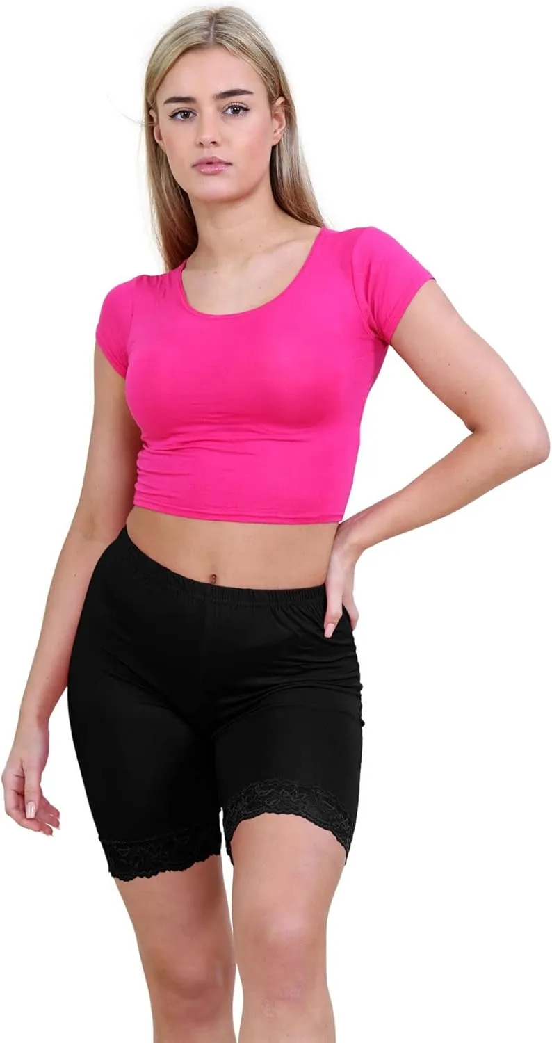 Womens Scallop Lace Trim Plain Gym Bike Tights Viscose Cycling Shorts Hot Pants