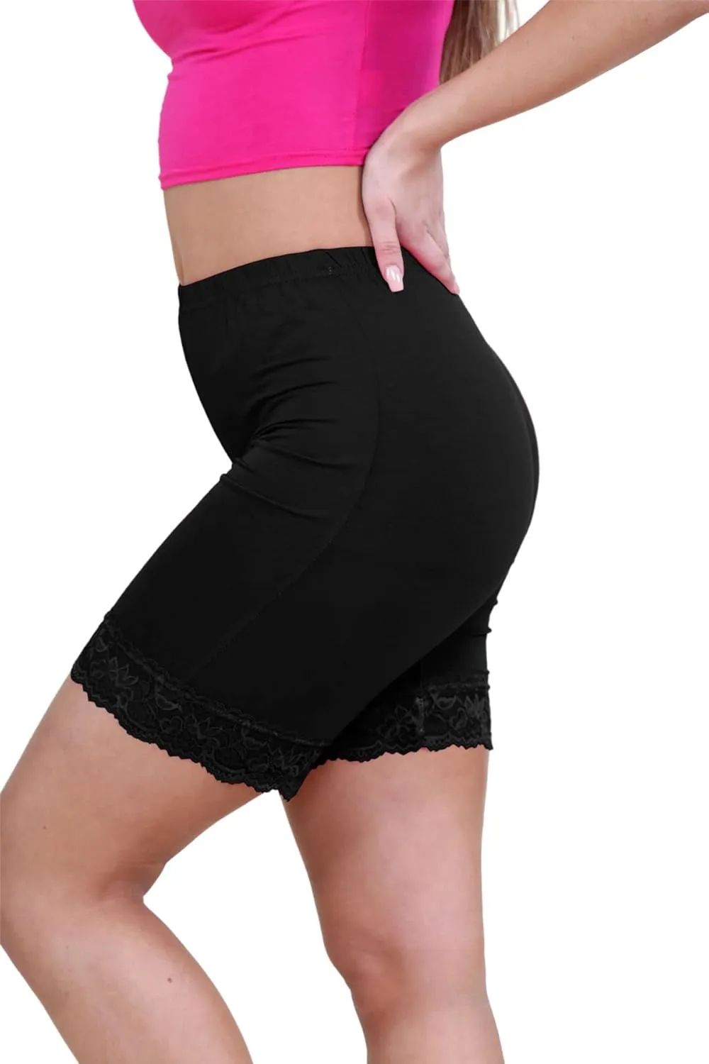 Womens Scallop Lace Trim Plain Gym Bike Tights Viscose Cycling Shorts Hot Pants