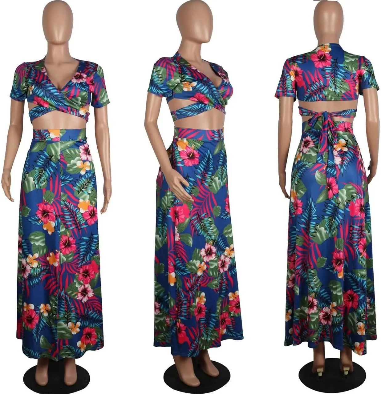 Womens Sexy 2 Piece Outfits Floral Print V Neck Crop Top and High Split Maxi Skirt Sets