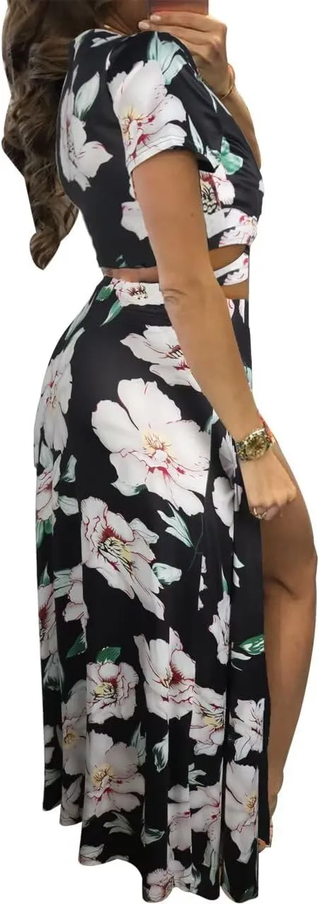 Womens Sexy 2 Piece Outfits Floral Print V Neck Crop Top and High Split Maxi Skirt Sets