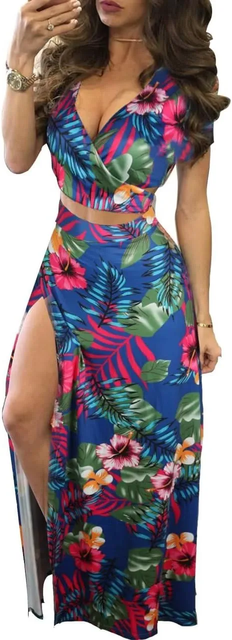 Womens Sexy 2 Piece Outfits Floral Print V Neck Crop Top and High Split Maxi Skirt Sets
