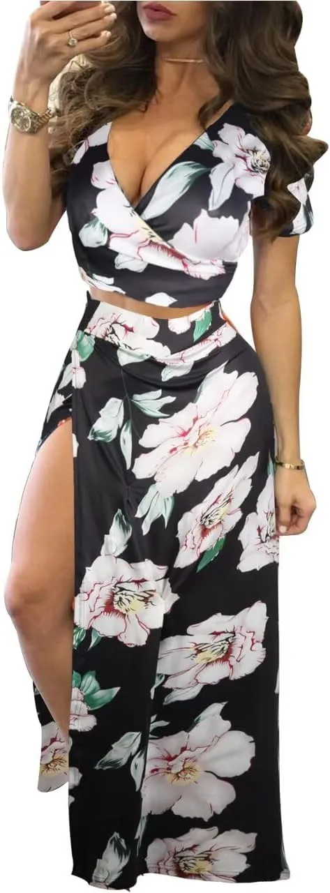 Womens Sexy 2 Piece Outfits Floral Print V Neck Crop Top and High Split Maxi Skirt Sets