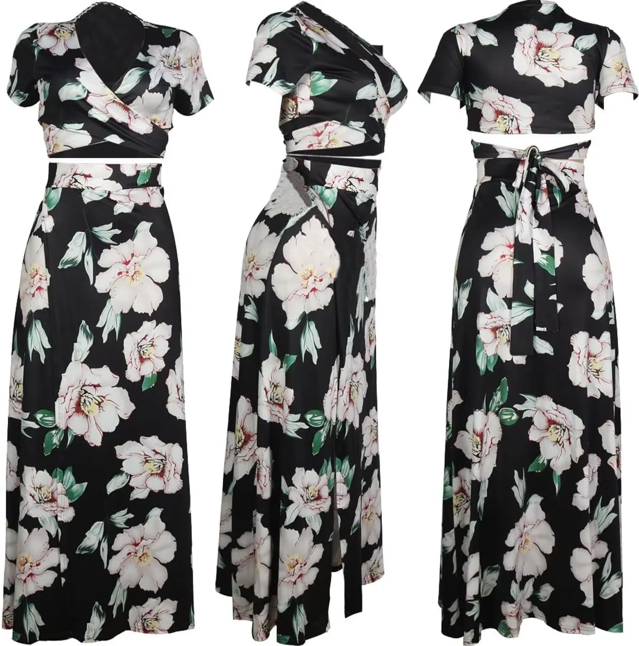 Womens Sexy 2 Piece Outfits Floral Print V Neck Crop Top and High Split Maxi Skirt Sets