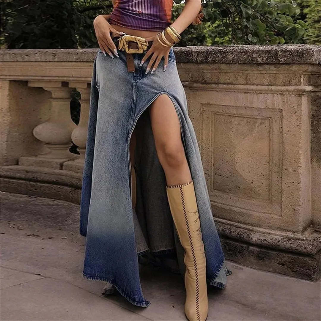 Women's Sexy High Slit High Waisted Denim Skirts Vintage Distressed Slim Fit Casual Maxi Skirts