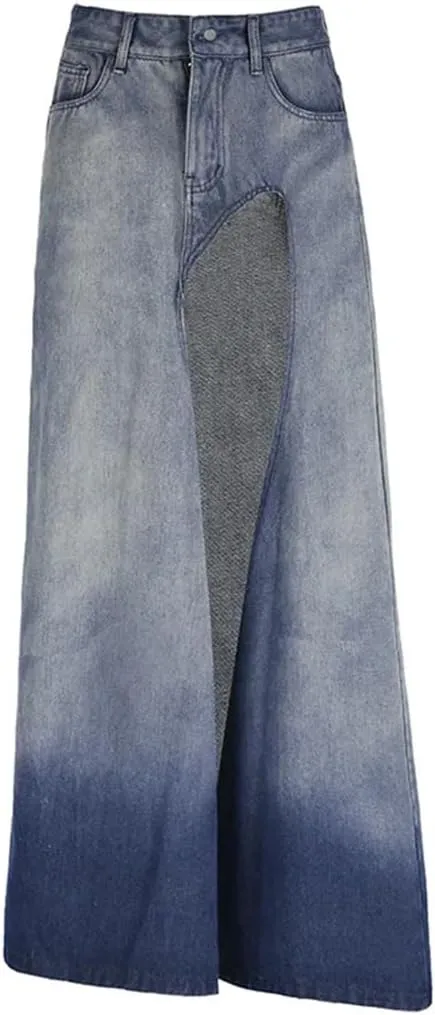 Women's Sexy High Slit High Waisted Denim Skirts Vintage Distressed Slim Fit Casual Maxi Skirts