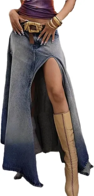 Women's Sexy High Slit High Waisted Denim Skirts Vintage Distressed Slim Fit Casual Maxi Skirts