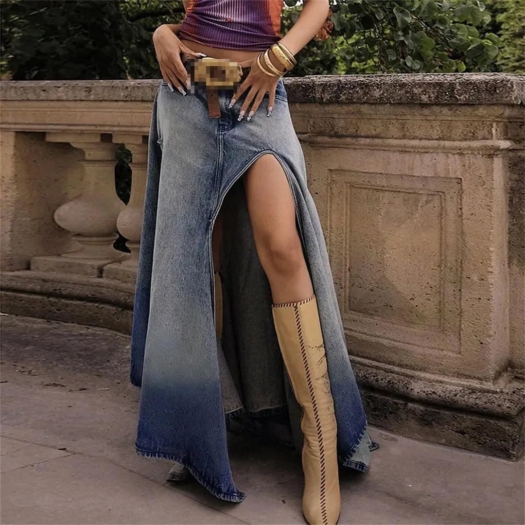 Women's Sexy High Slit High Waisted Denim Skirts Vintage Distressed Slim Fit Casual Maxi Skirts