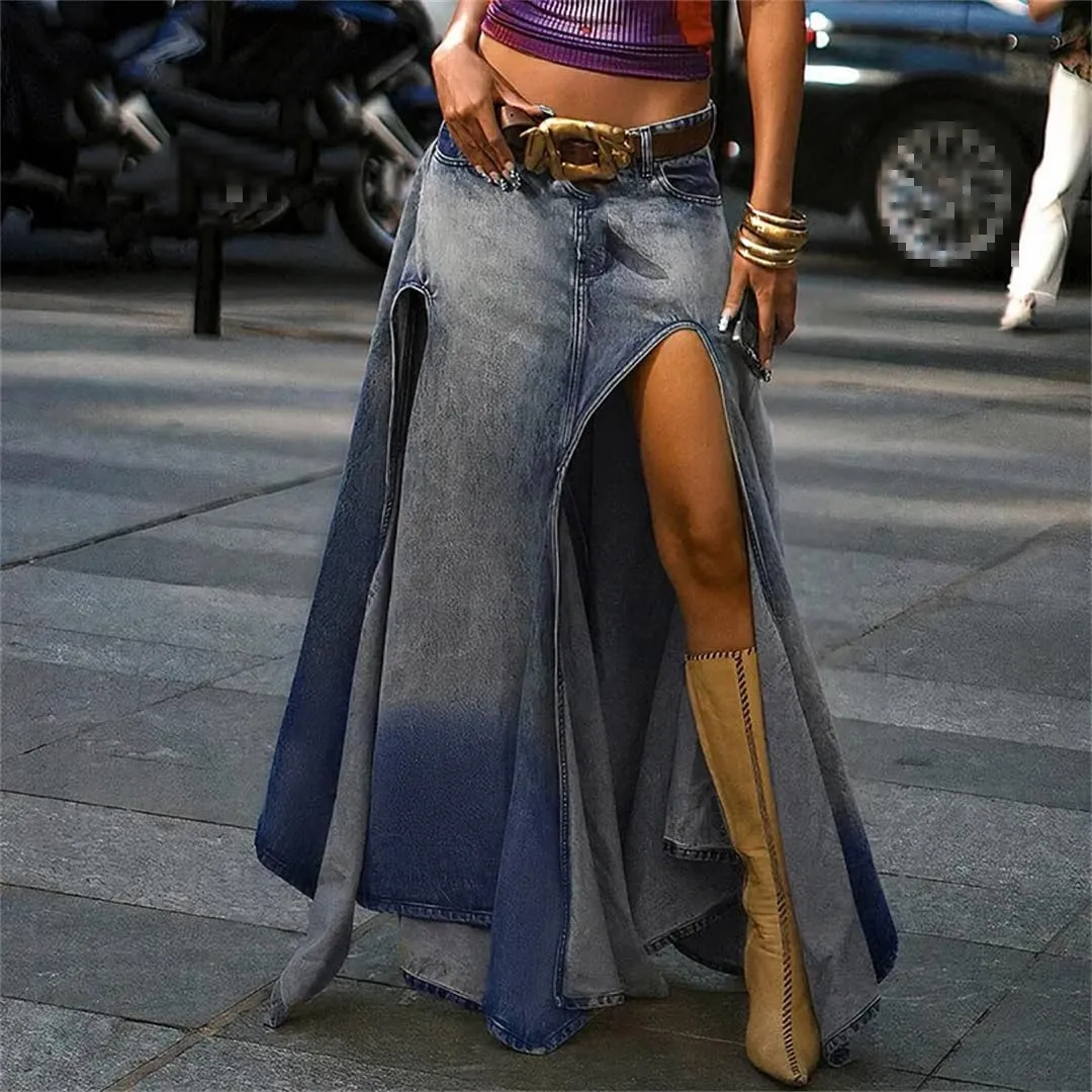 Women's Sexy High Slit High Waisted Denim Skirts Vintage Distressed Slim Fit Casual Maxi Skirts