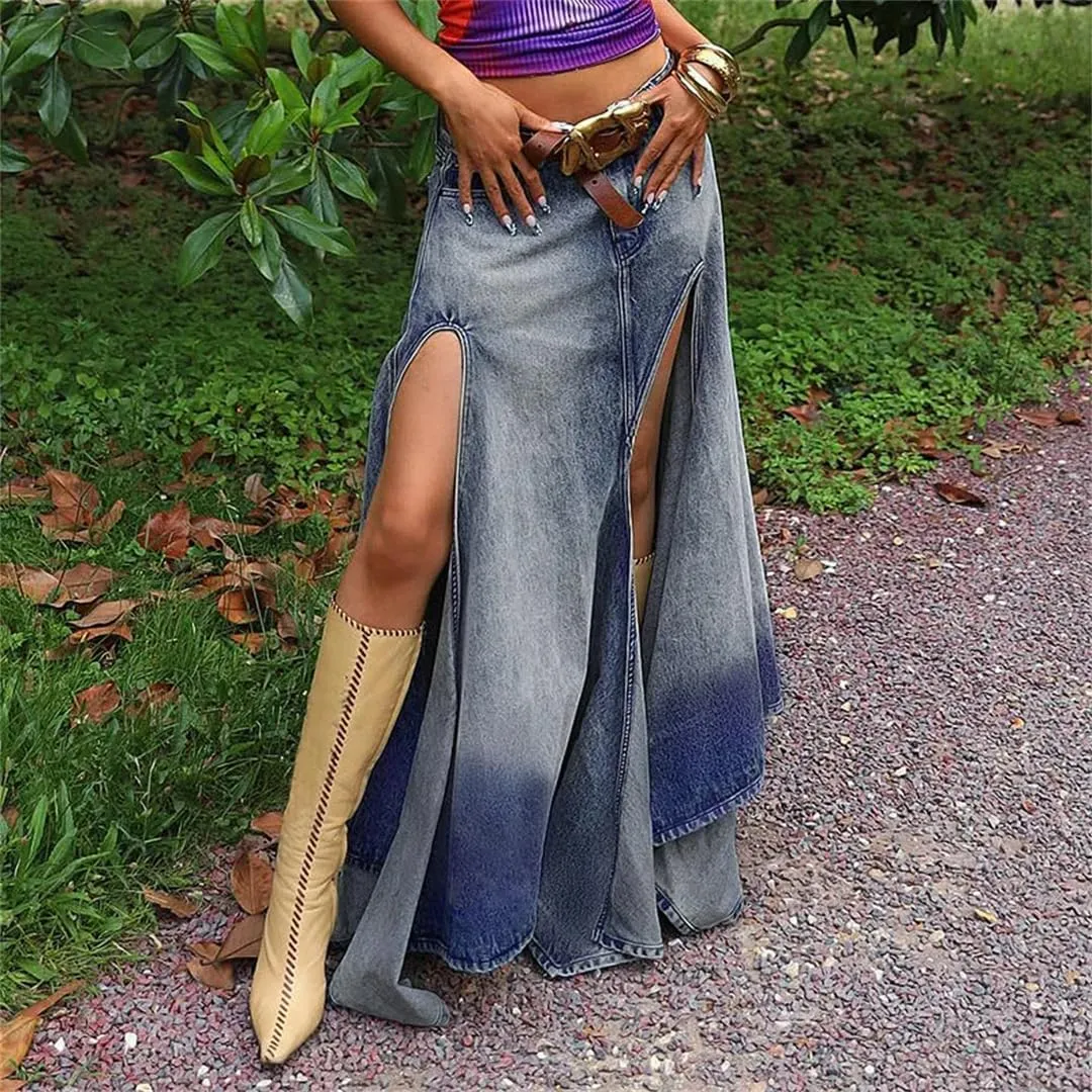 Women's Sexy High Slit High Waisted Denim Skirts Vintage Distressed Slim Fit Casual Maxi Skirts