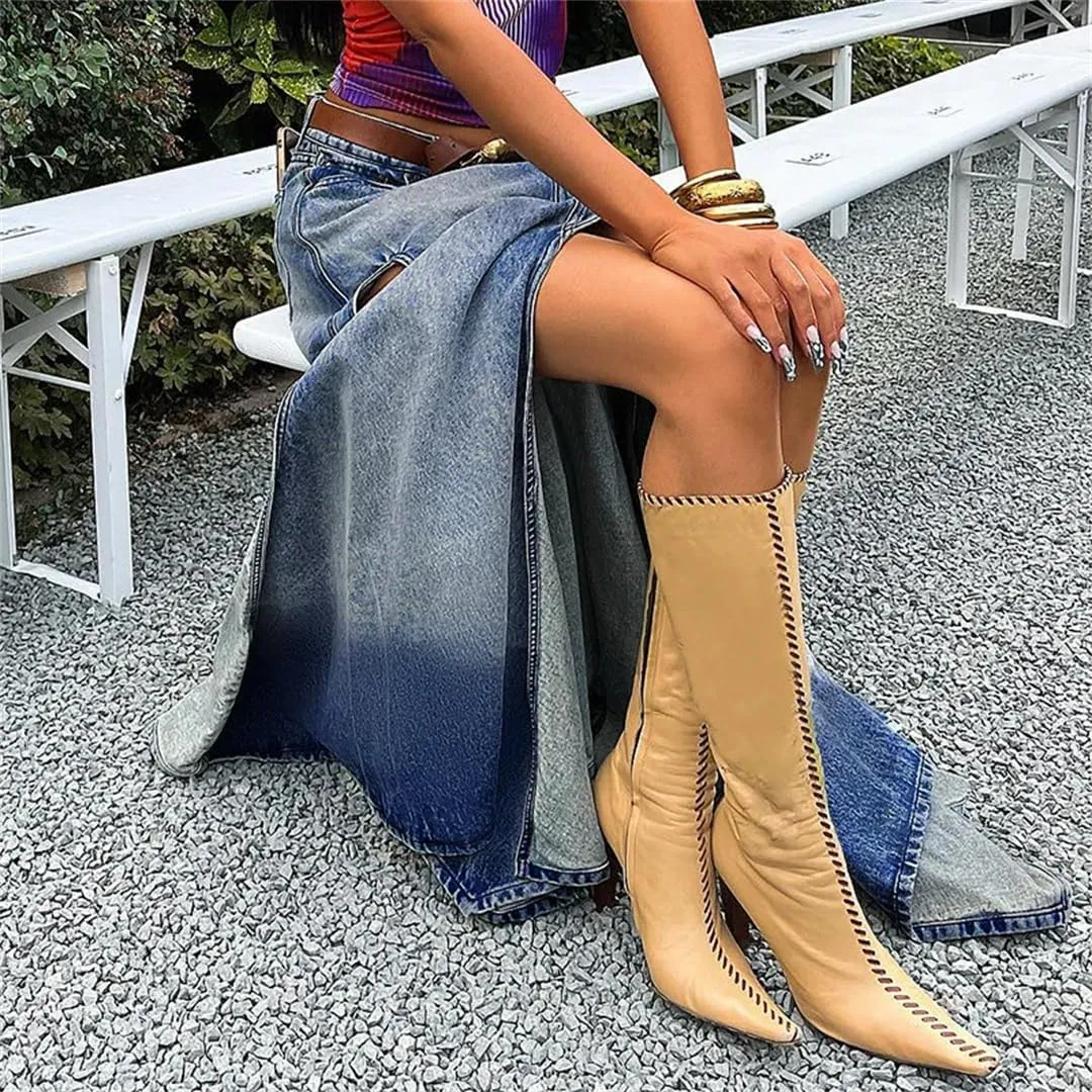 Women's Sexy High Slit High Waisted Denim Skirts Vintage Distressed Slim Fit Casual Maxi Skirts