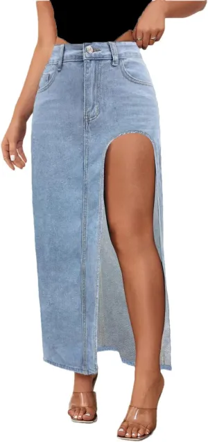 Women's Sexy Side Slit High Waisted Denim Skirt with Pockets Slim Fit Button Down Skinny Jeans Skirt